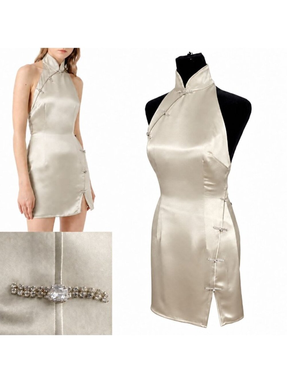 SAU LEE Mae Crystal Embellished Halter Backless Mini Dress Silver Sage Womens 2